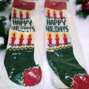Vintage Christmas Candle Knit Stockings Holiday Pom Poms Mantle Colorful